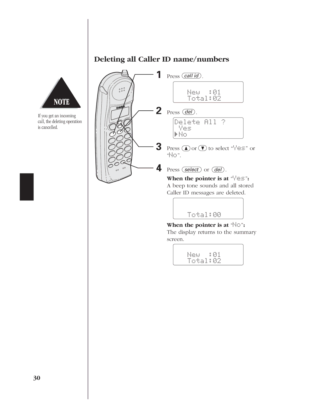 Uniden EXT 1960 manual Deleting all Caller ID name/numbers, Delete All ? Yes, Total00 