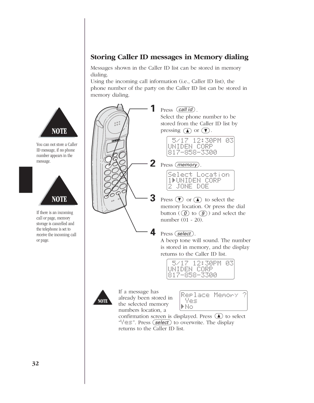 Uniden EXT 1960 manual Storing Caller ID messages in Memory dialing, Select Location 