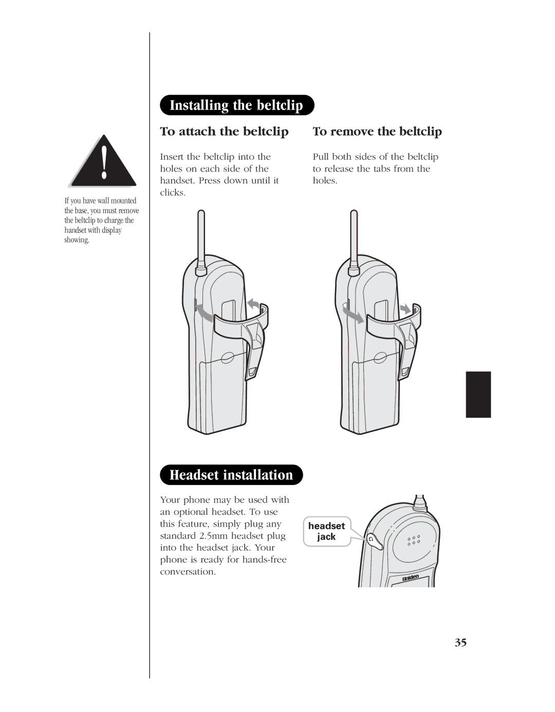 Uniden EXT 1960 manual Installing the beltclip, Headset installation, To attach the beltclip To remove the beltclip 