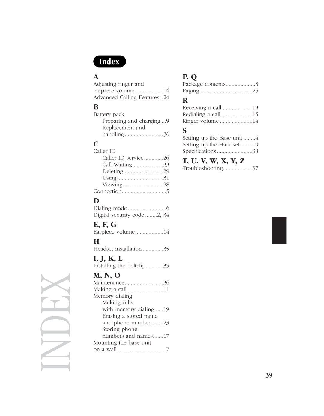 Uniden EXT 1960 manual Index, K, L, V, W, X, Y, Z 