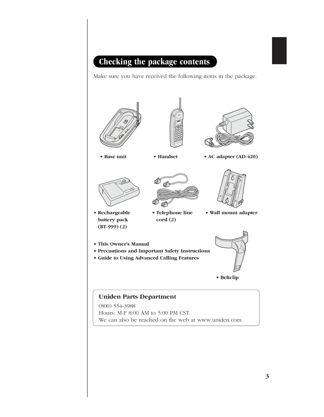 Uniden EXT 1960 manual Checking the package contents 