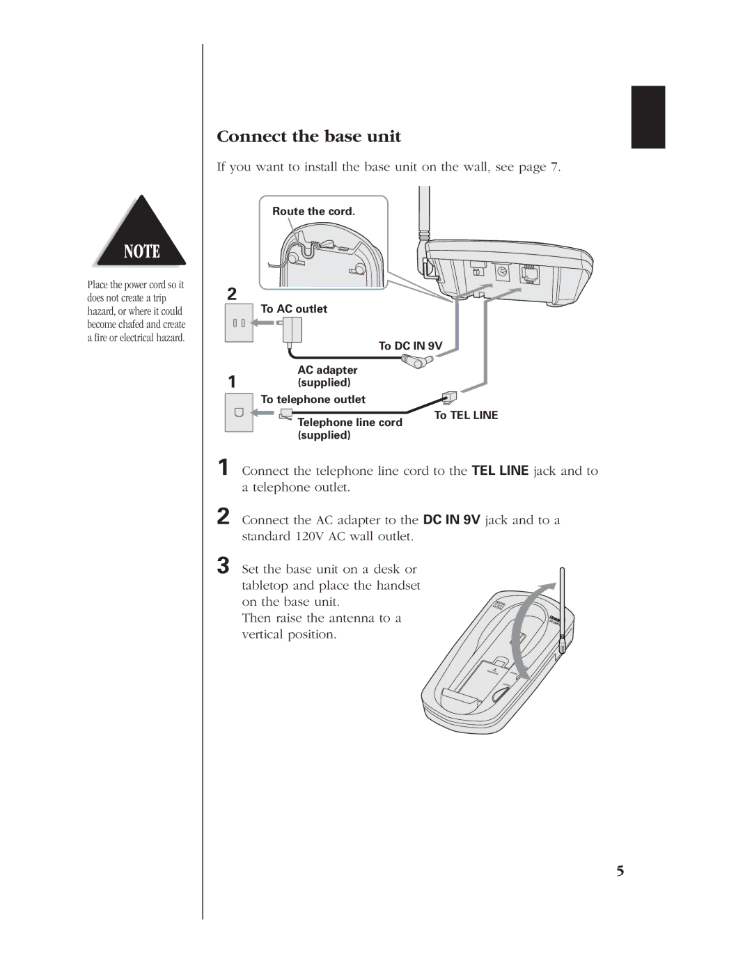 Uniden EXT 1960 manual Connect the base unit, If you want to install the base unit on the wall, see 