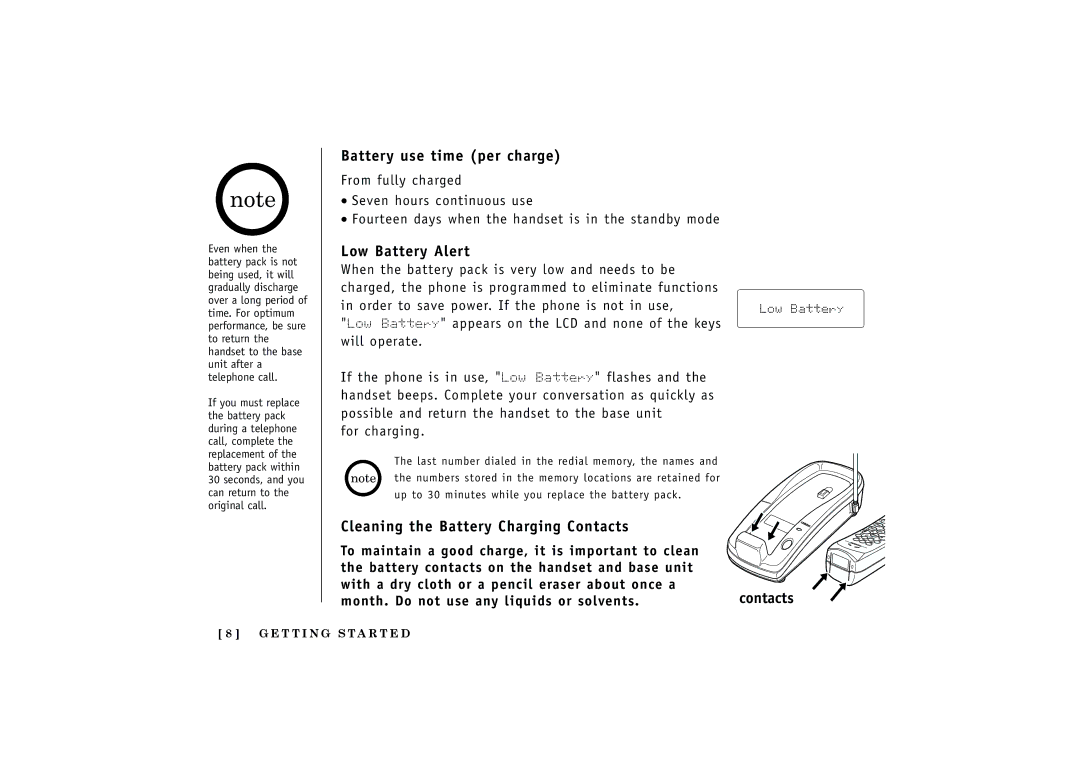 Uniden EXT1165, EXT1160 manual Battery use time per charge, Low Battery Alert, Cleaning the Battery Charging Contacts 