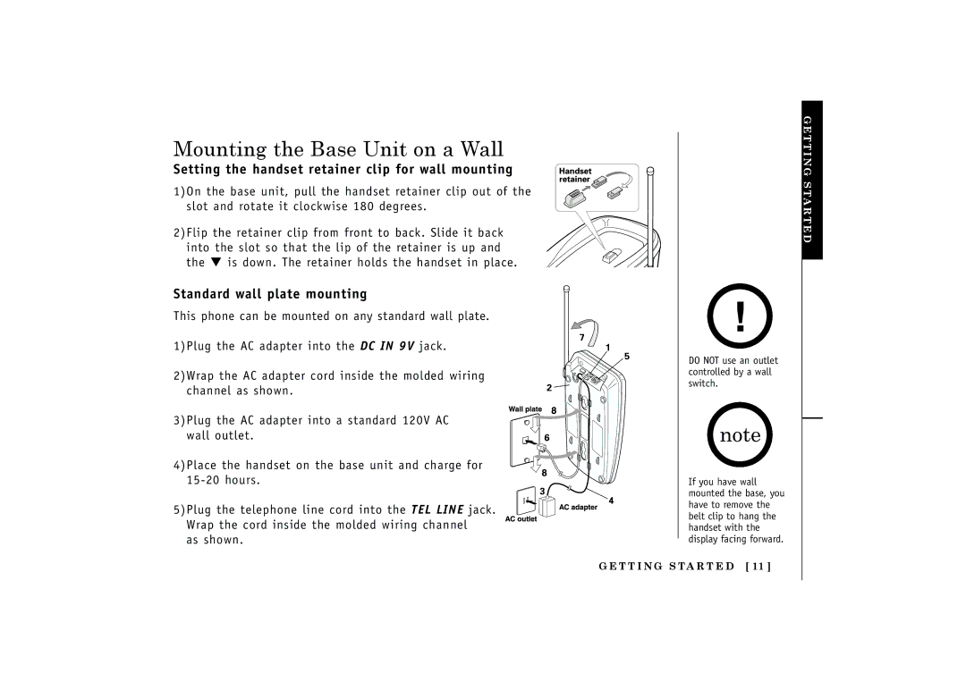 Uniden EXT1160, EXT1165 manual Mounting the Base Unit on a Wall, Setting the handset retainer clip for wall mounting 