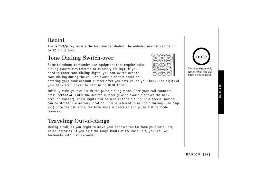 Uniden EXT1160, EXT1165 manual Redial, Tone Dialing Switch-over, Traveling Out-of-Range 