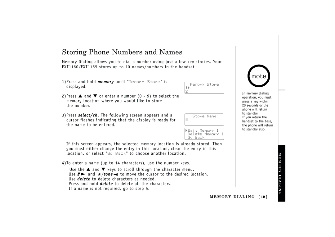 Uniden EXT1160, EXT1165 manual Storing Phone Numbers and Names, Memory Dialing 