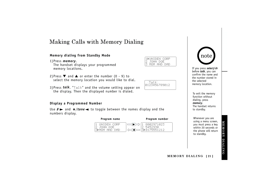 Uniden EXT1160, EXT1165 Making Calls with Memory Dialing, Memory dialing from Standby Mode, Display a Programmed Number 