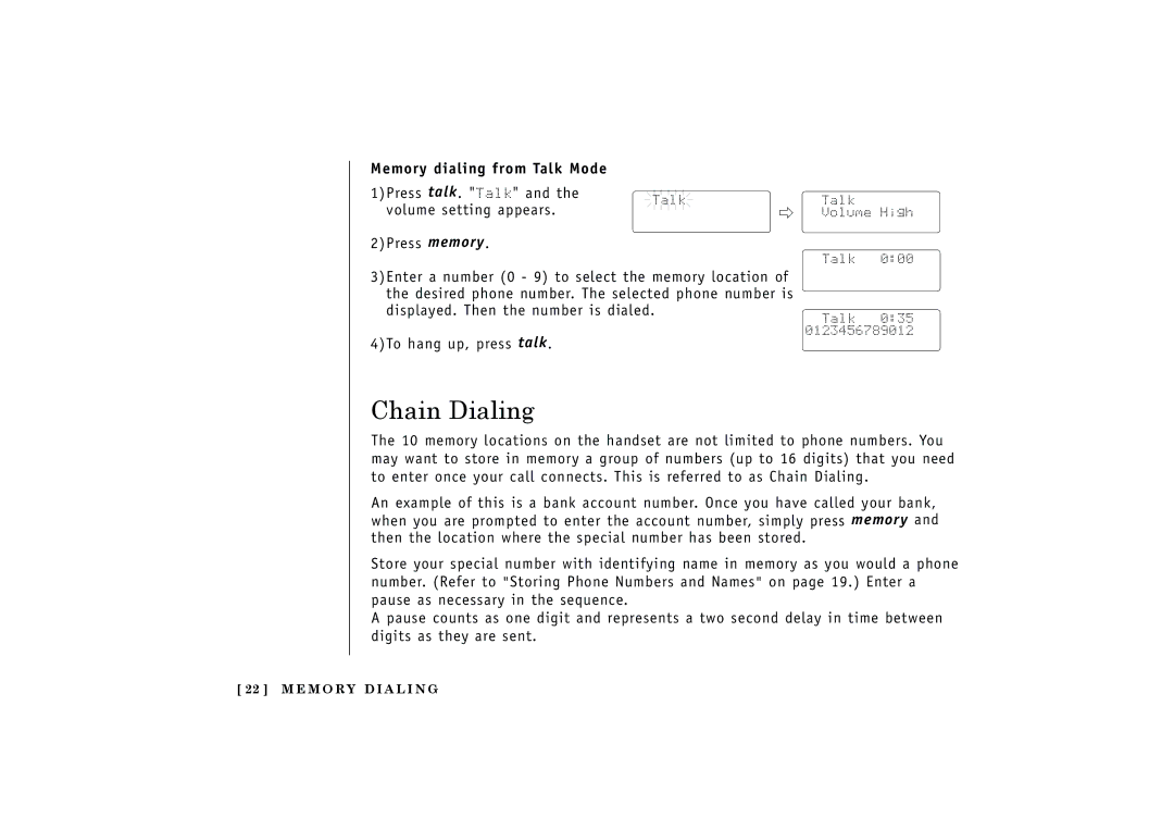 Uniden EXT1165, EXT1160 manual Chain Dialing, Memory dialing from Talk Mode 