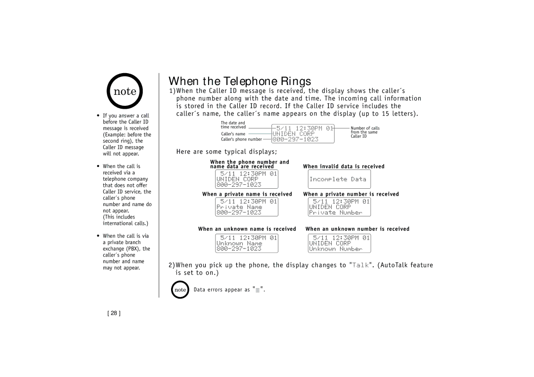 Uniden EXT1165, EXT1160 manual When the Telephone Rings, Here are some typical displays 