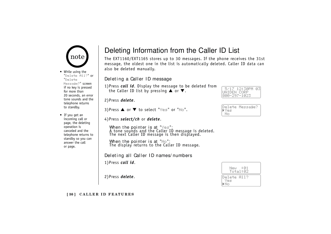 Uniden EXT1165 Deleting Information from the Caller ID List, Deleting a Caller ID message, When the pointer is at Yes 