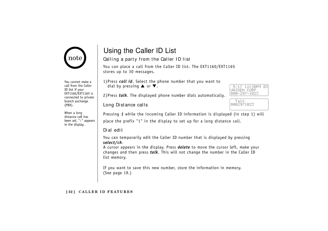 Uniden EXT1165, EXT1160 Using the Caller ID List, Calling a party from the Caller ID list, Long Distance calls, Dial edit 