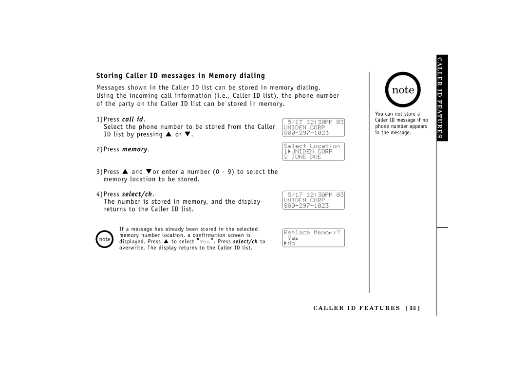 Uniden EXT1160, EXT1165 manual Storing Caller ID messages in Memory dialing 