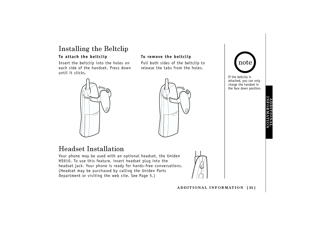 Uniden EXT1160, EXT1165 manual Installing the Beltclip, Headset Installation, To attach the beltclip To remove the beltclip 