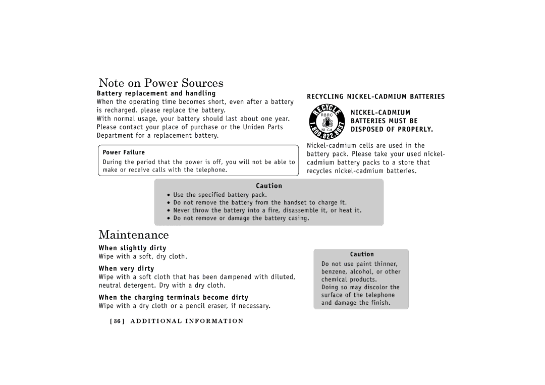 Uniden EXT1165, EXT1160 manual Maintenance, Battery replacement and handling, When slightly dirty, When very dirty 