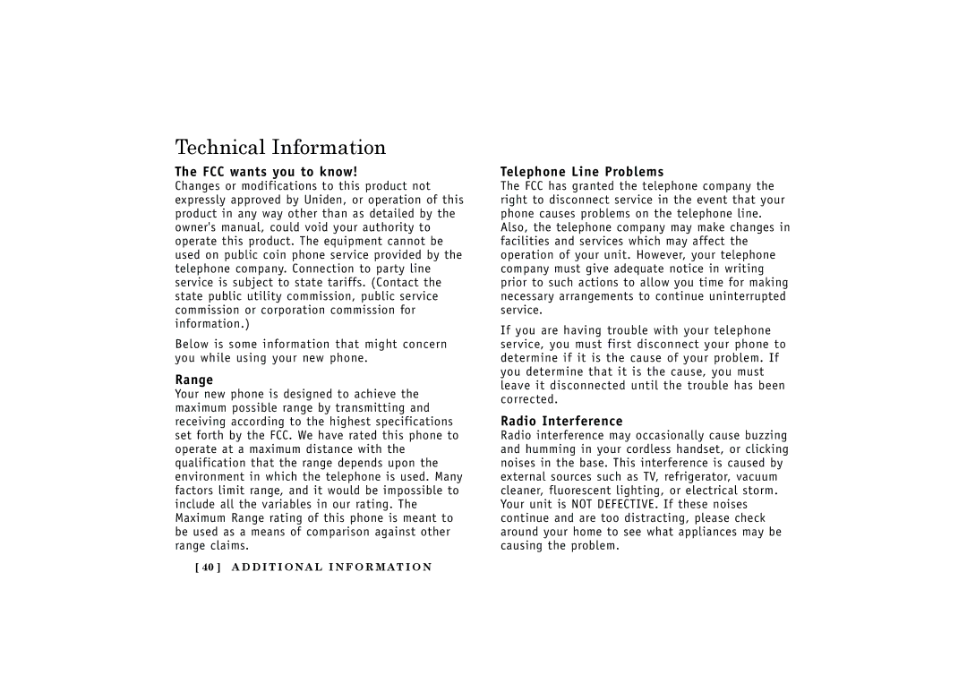 Uniden EXT1165, EXT1160 Technical Information, FCC wants you to know, Range, Telephone Line Problems, Radio Interference 