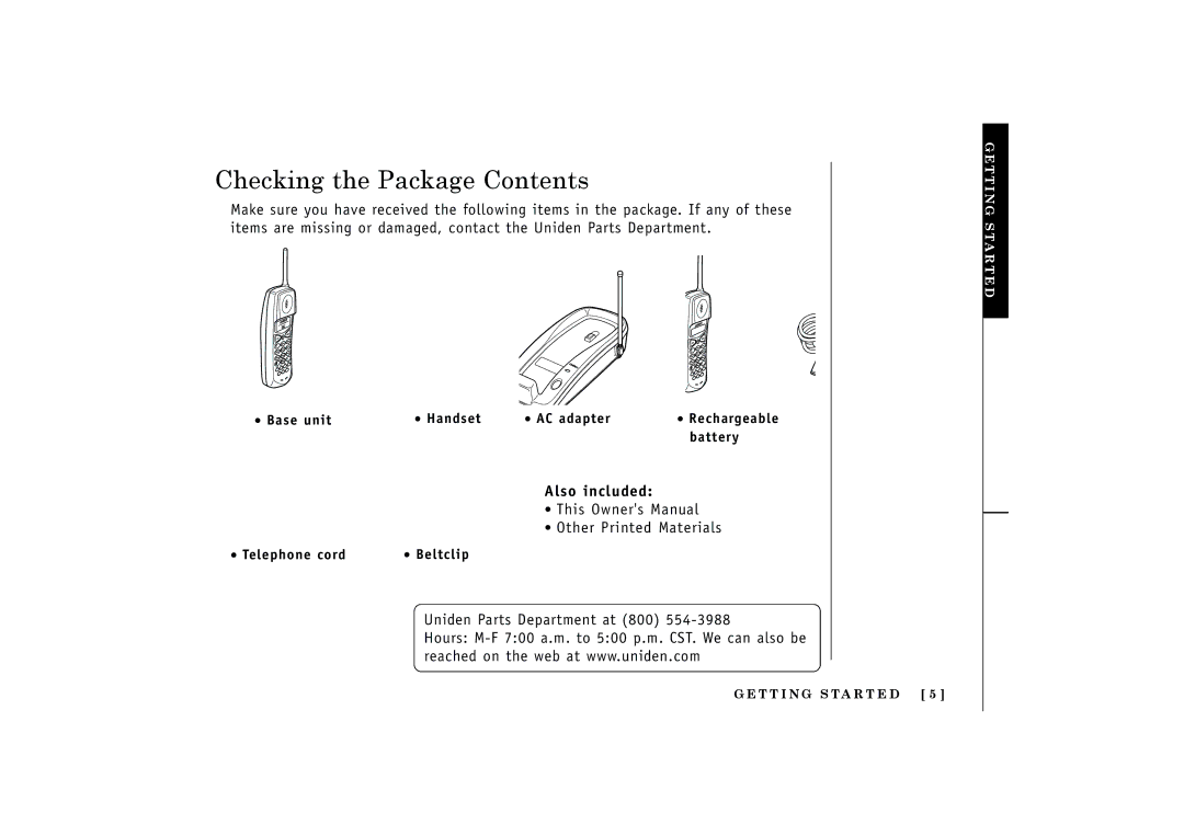 Uniden EXT1160, EXT1165 manual Checking the Package Contents 