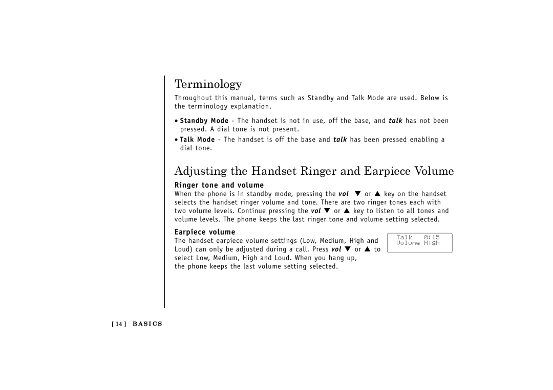Uniden EXT1165 Terminology, Adjusting the Handset Ringer and Earpiece Volume, Ringer tone and volume, Earpiece volume 