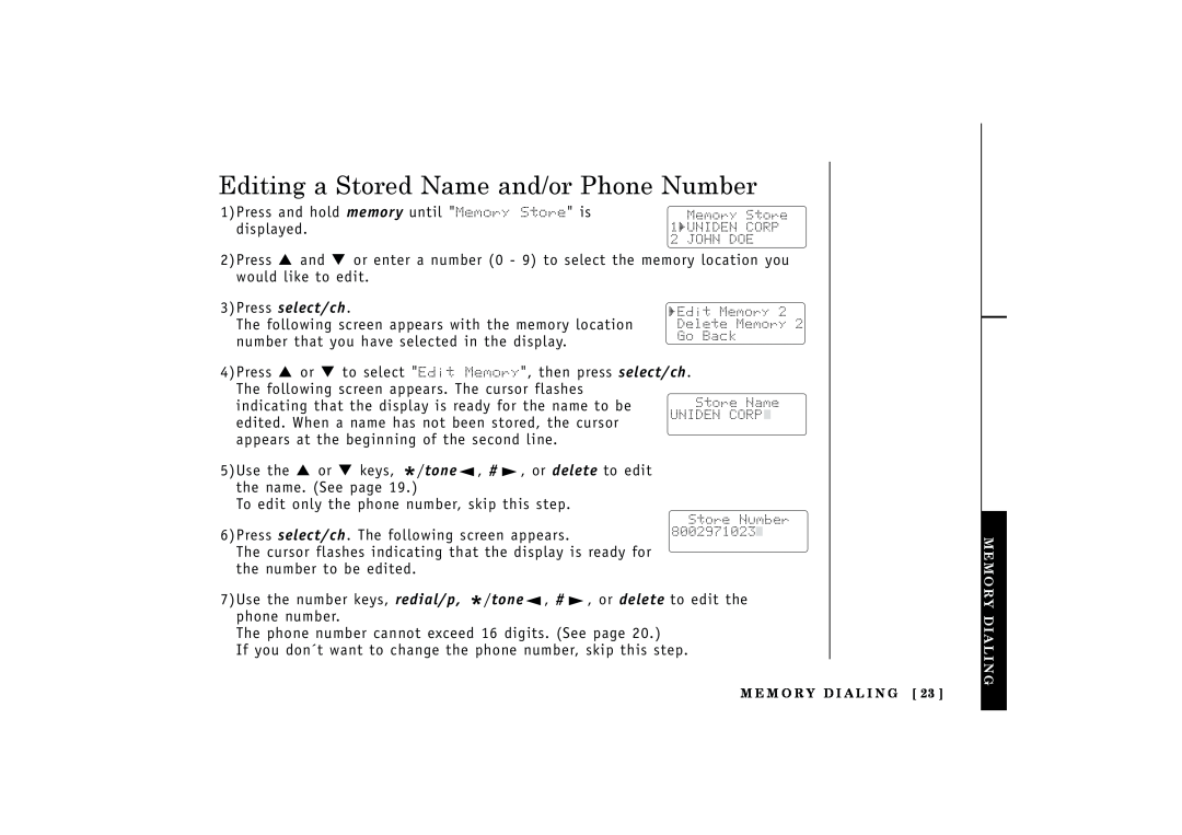 Uniden EXT1160, EXT1165 manual Editing a Stored Name and/or Phone Number 