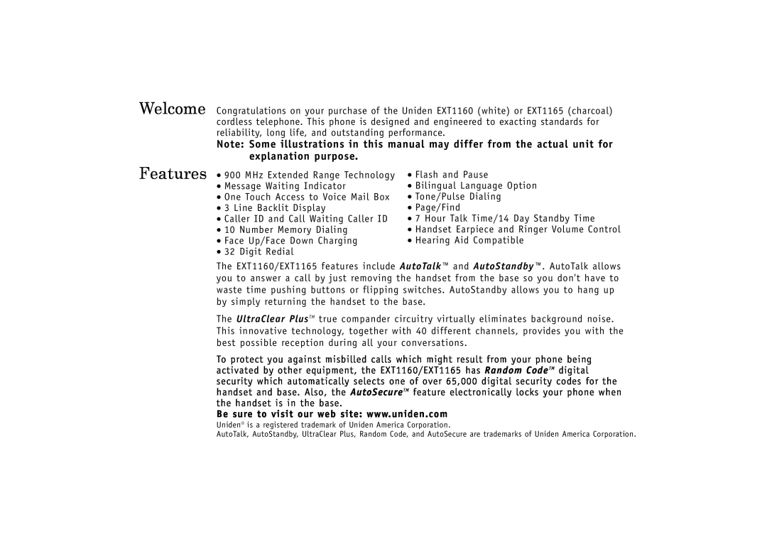 Uniden EXT1160, EXT1165 manual Welcome Features 