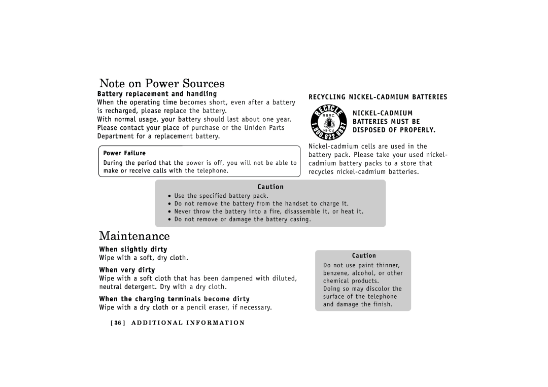 Uniden EXT1165 Note on Power Sources, Maintenance, Battery replacement and handling, Disposed Of Properly, When very dirty 