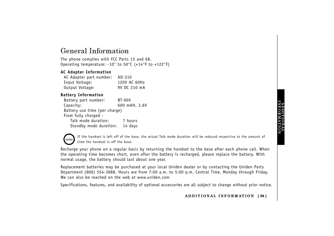 Uniden EXT1160, EXT1165 manual General Information, AC Adapter Information, Battery Information 