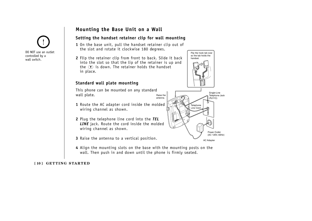 Uniden EXT1265 manual Setting the handset retainer clip for wall mounting, Standard wall plate mounting 