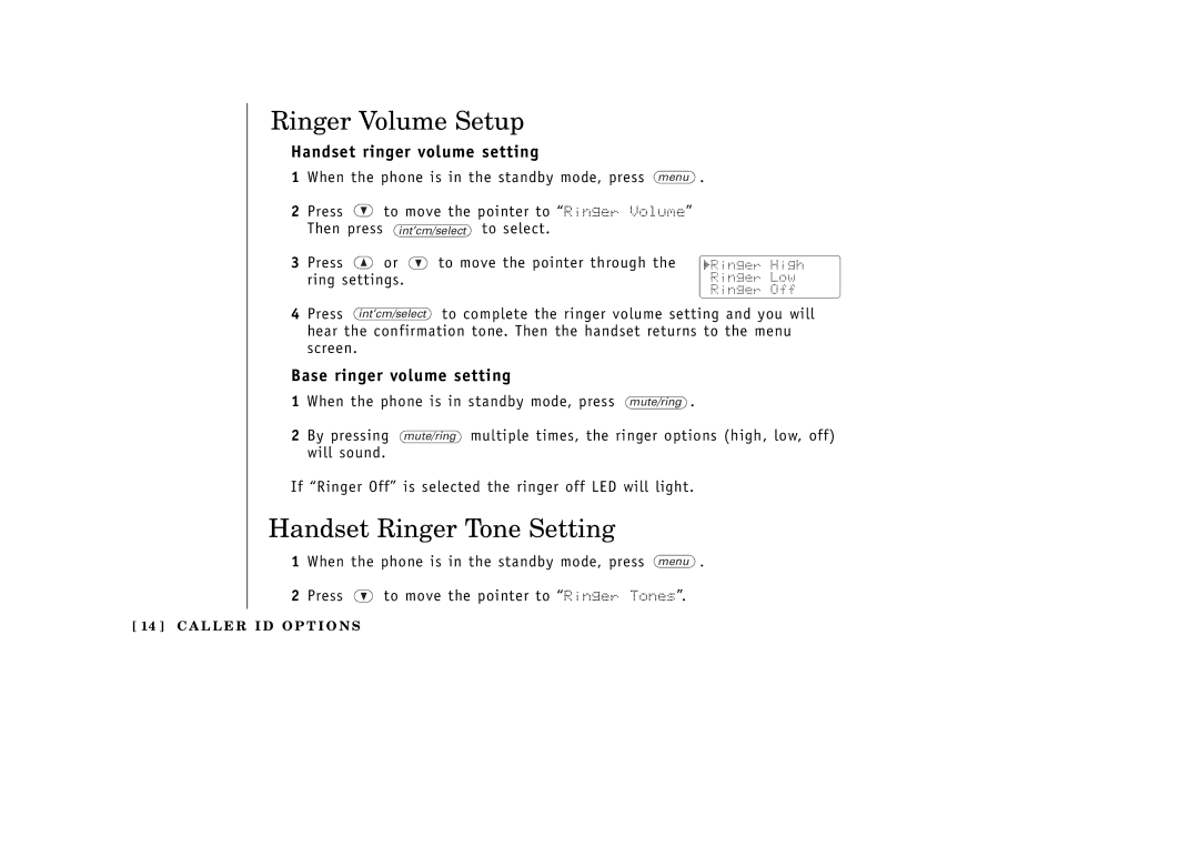 Uniden EXT1265 Ringer Volume Setup, Handset Ringer Tone Setting, Handset ringer volume setting, Base ringer volume setting 