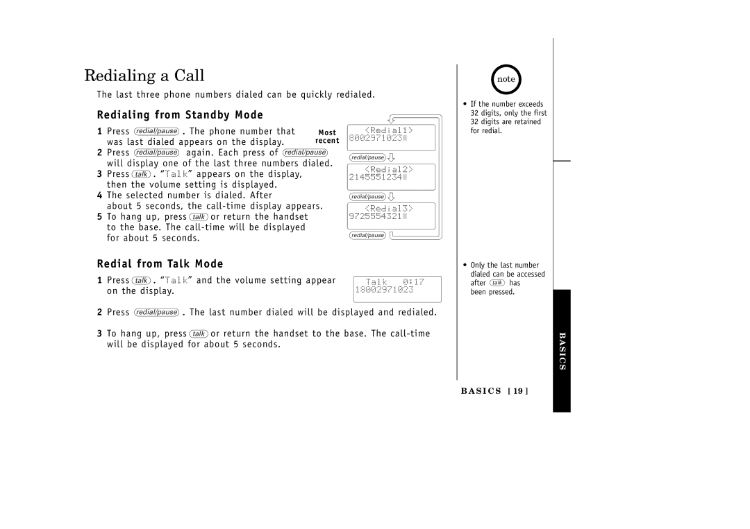 Uniden EXT1265 manual Redialing a Call, Redialing from Standby Mode, Redial from Talk Mode 