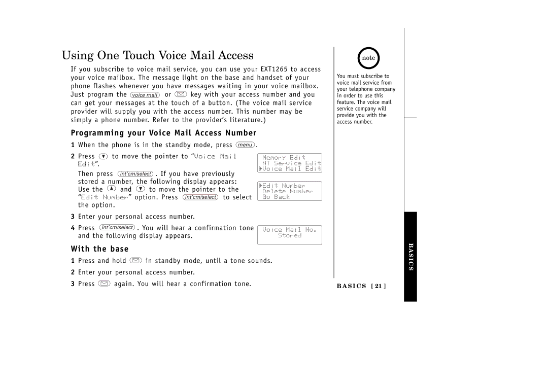 Uniden EXT1265 manual Using One Touch Voice Mail Access, Programming your Voice Mail Access Number, With the base 