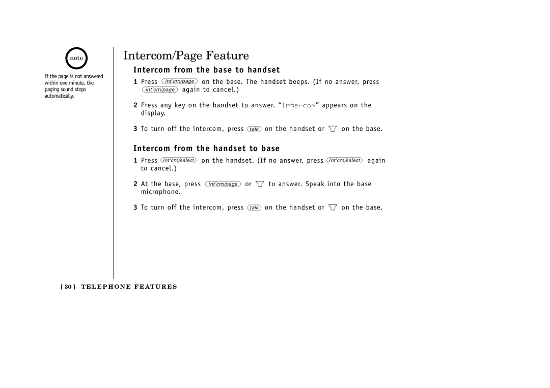 Uniden EXT1265 manual Intercom/Page Feature, Intercom from the base to handset, Intercom from the handset to base 