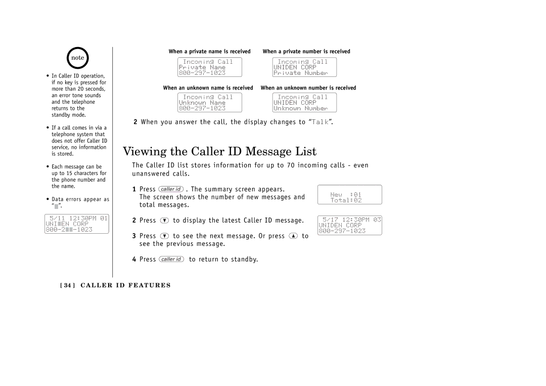 Uniden EXT1265 manual Viewing the Caller ID Message List, When you answer the call, the display changes to Talk 