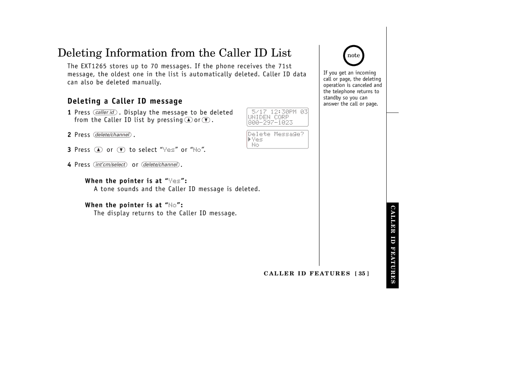 Uniden EXT1265 Deleting Information from the Caller ID List, Deleting a Caller ID message, When the pointer is at Yes 