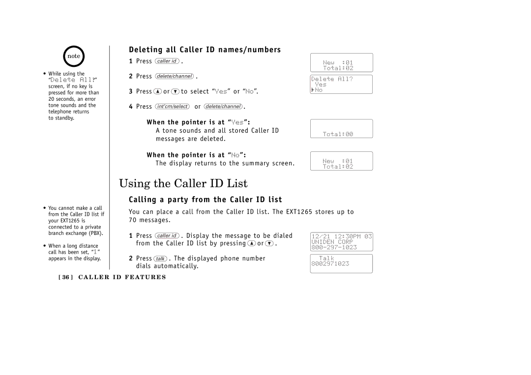 Uniden EXT1265 Using the Caller ID List, Deleting all Caller ID names/numbers, Calling a party from the Caller ID list 