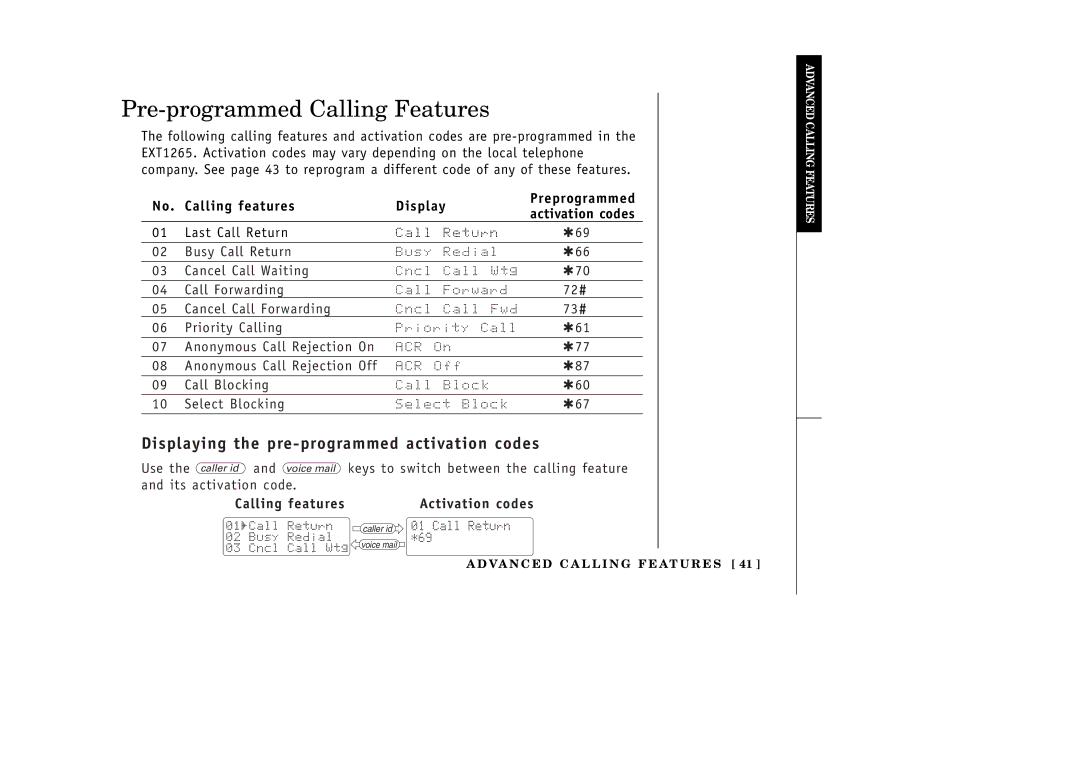 Uniden EXT1265 manual Pre-programmed Calling Features, Displaying the pre-programmed activation codes 