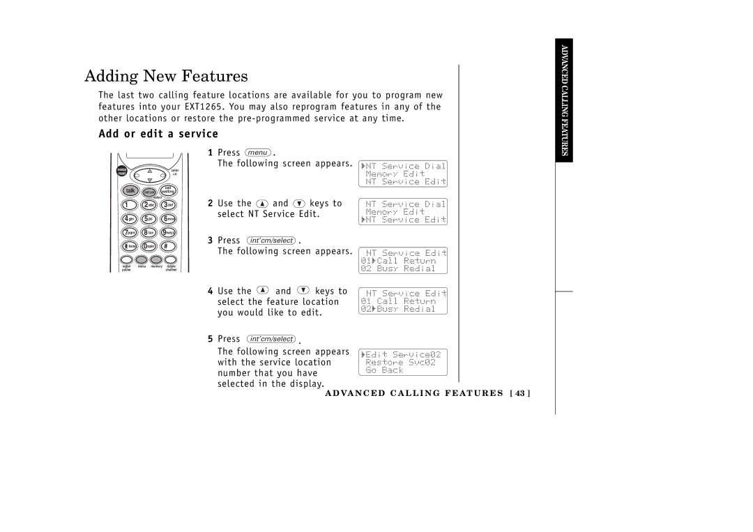 Uniden EXT1265 manual Adding New Features, Add or edit a service 