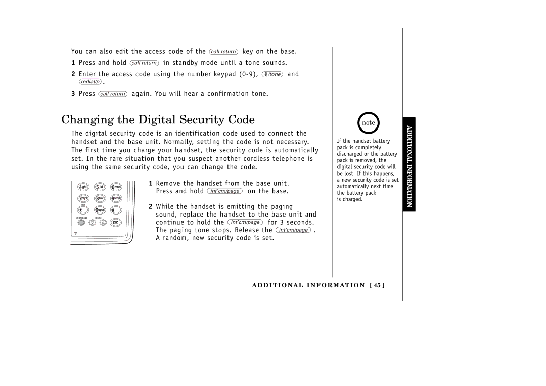 Uniden EXT1265 manual Changing the Digital Security Code, Remove the handset from the base unit 