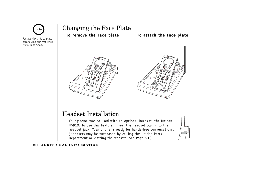 Uniden EXT1265 manual Changing the Face Plate, Headset Installation, To remove the Face plate To attach the Face plate 