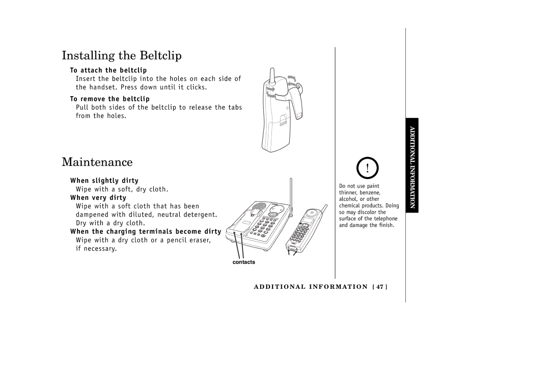 Uniden EXT1265 manual Installing the Beltclip, Maintenance 