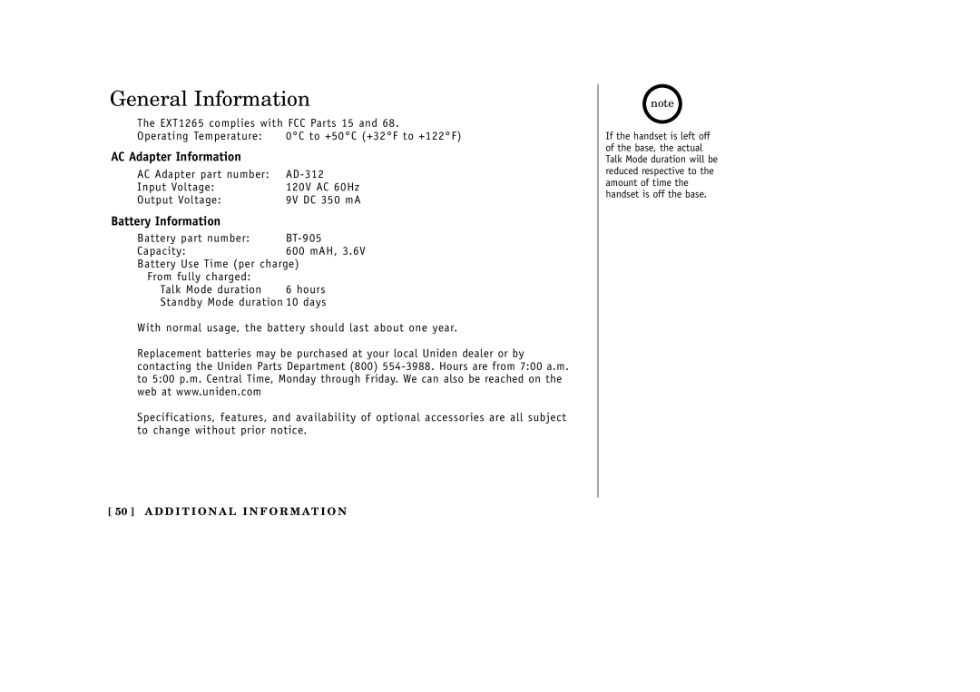 Uniden EXT1265 manual General Information, AC Adapter Information, Battery Information 