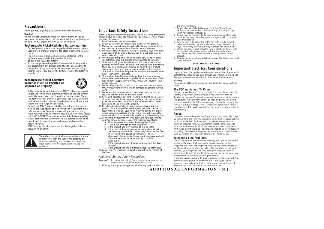 Uniden EXT1265 manual Precautions 