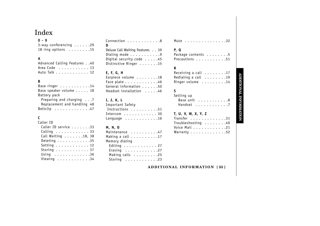 Uniden EXT1265 manual Index, K, L 