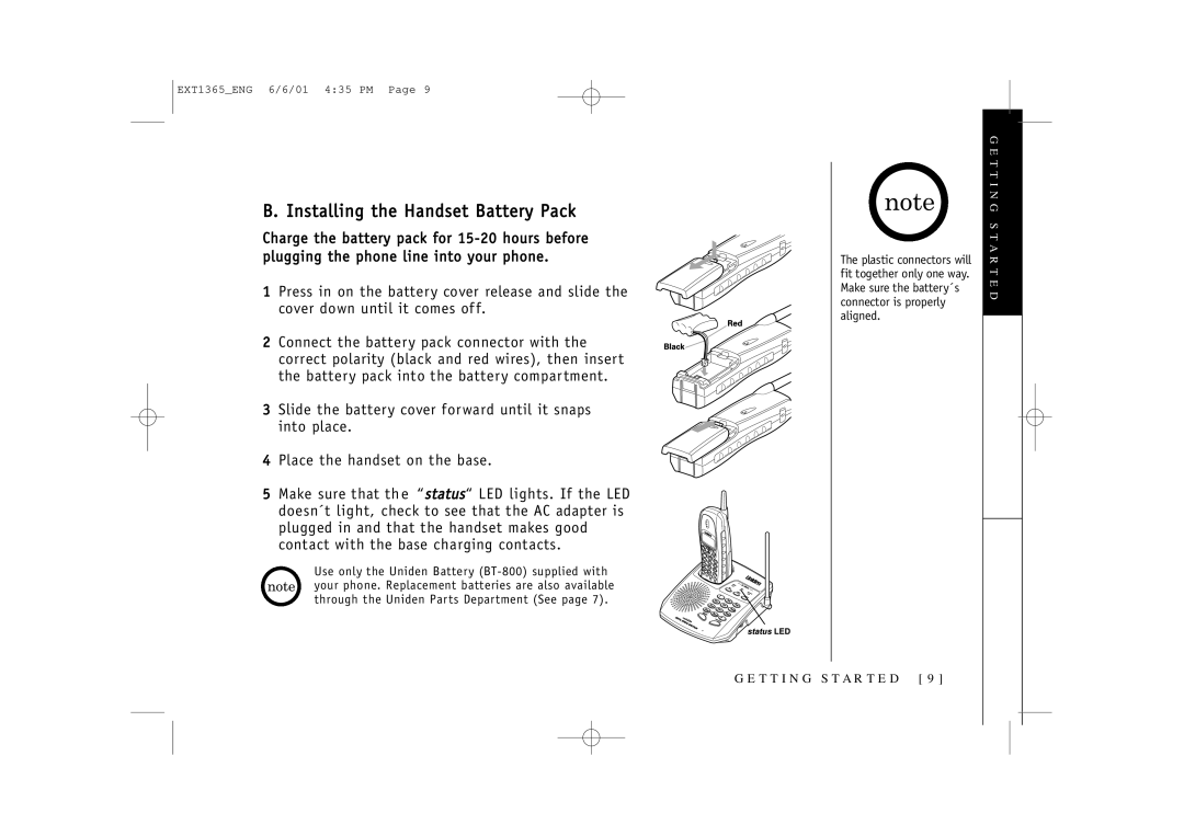 Uniden EXT1365 owner manual Installing the Handset Battery Pack 