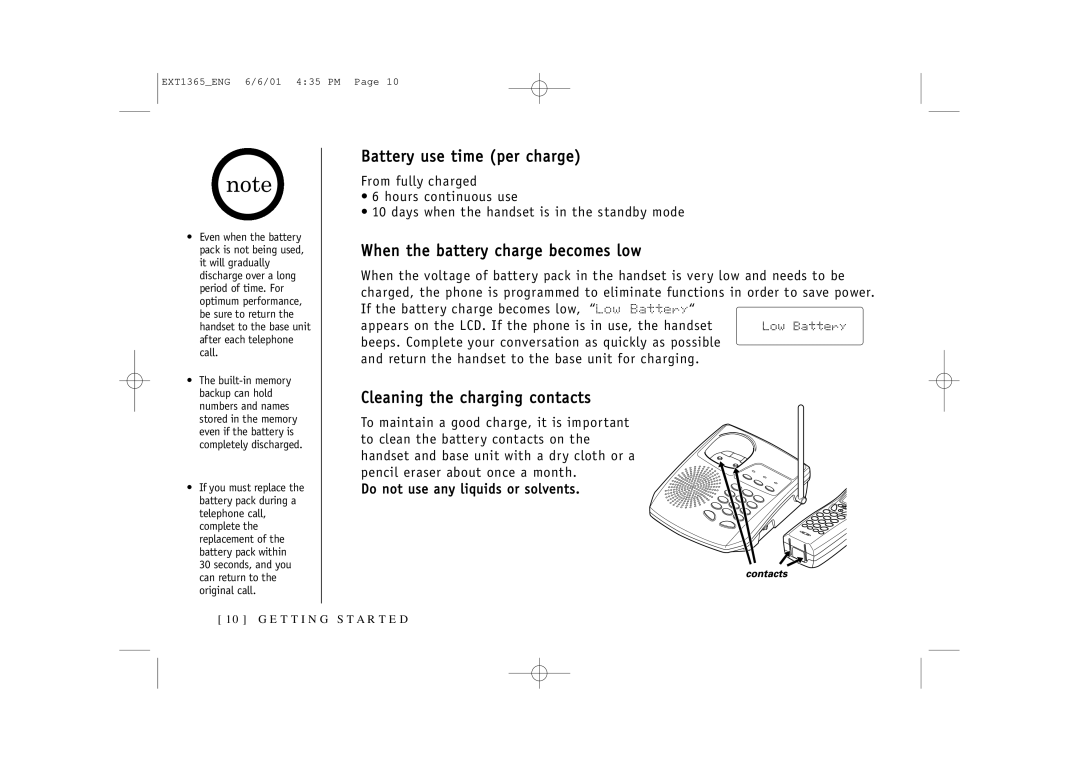 Uniden EXT1365 Battery use time per charge, When the battery charge becomes low, Cleaning the charging contacts 