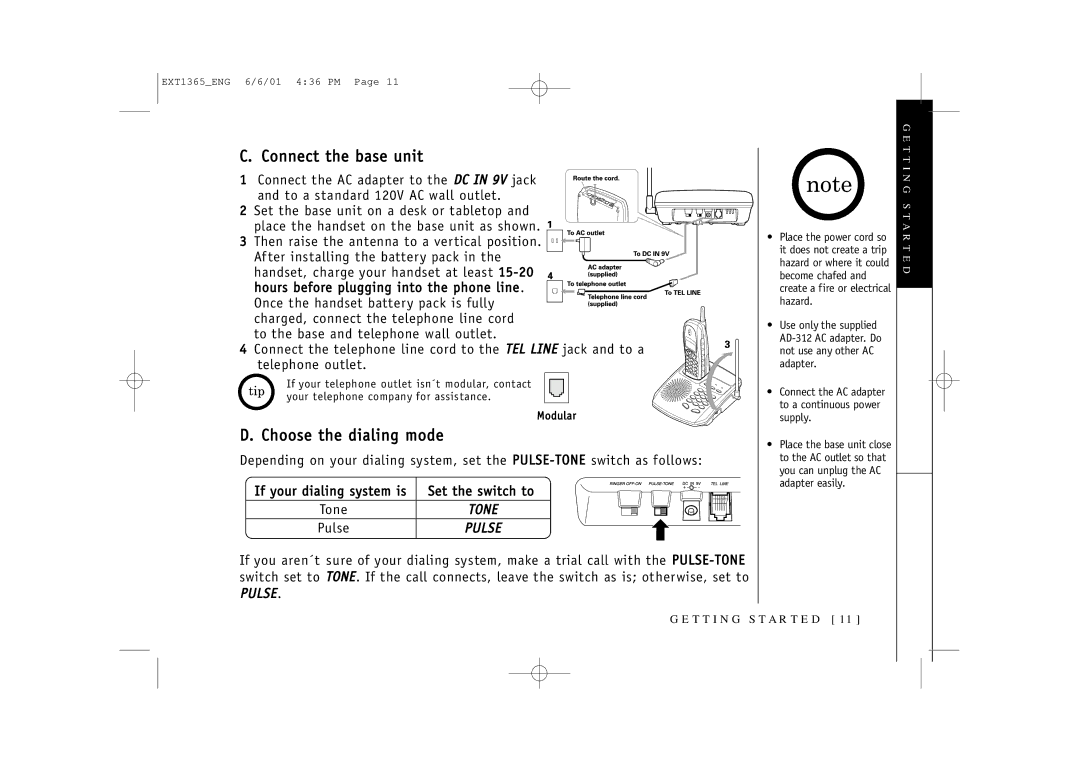 Uniden EXT1365 owner manual Connect the base unit, Choose the dialing mode 