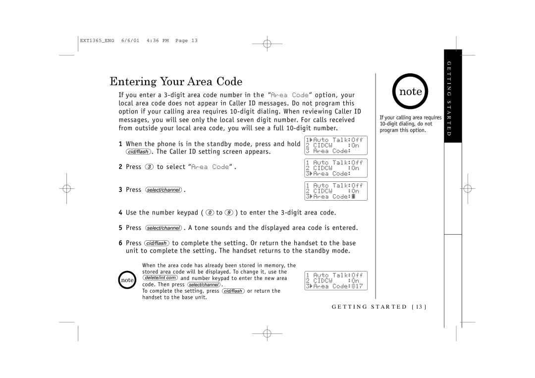 Uniden EXT1365 owner manual Entering Your Area Code 