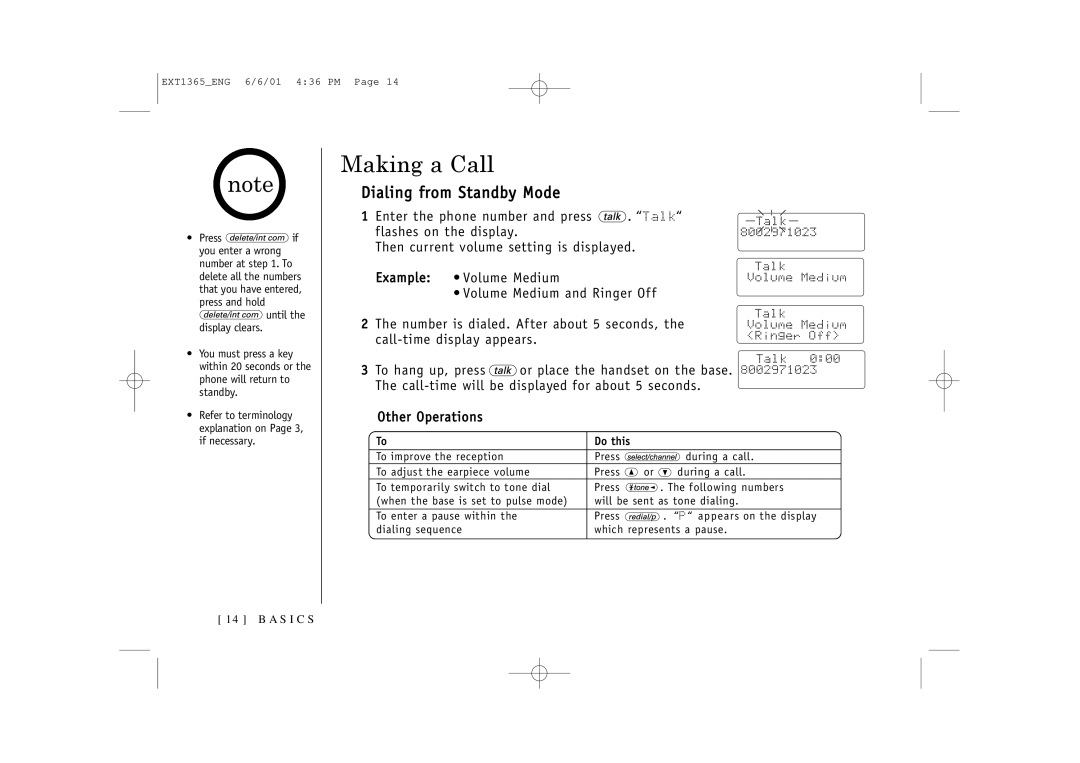 Uniden EXT1365 owner manual Making a Call, Dialing from Standby Mode 