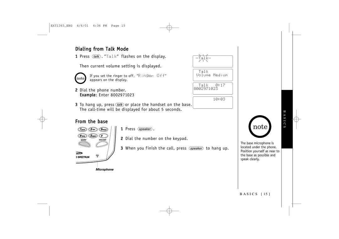 Uniden EXT1365 owner manual Dialing from Talk Mode, From the base 