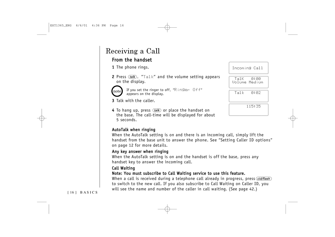 Uniden EXT1365 owner manual Receiving a Call, From the handset 