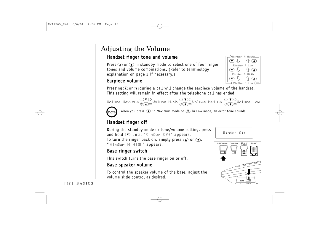 Uniden EXT1365 owner manual Adjusting the Volume 