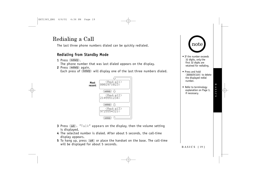 Uniden EXT1365 owner manual Redialing a Call, Redialing from Standby Mode 